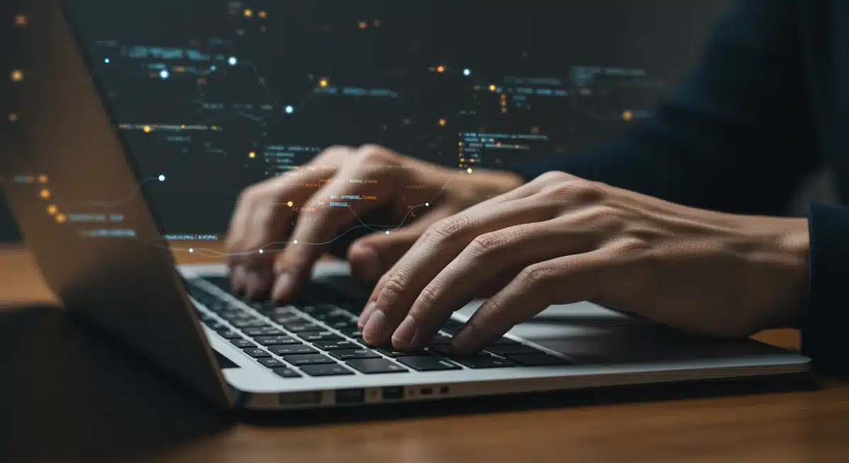 Hands typing code on a laptop, representing advanced technical skill development.