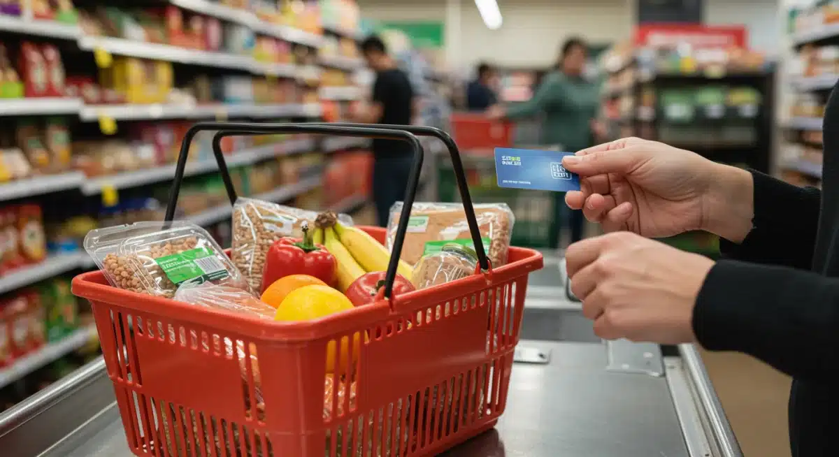Person using an EBT card for SNAP purchases at a grocery store