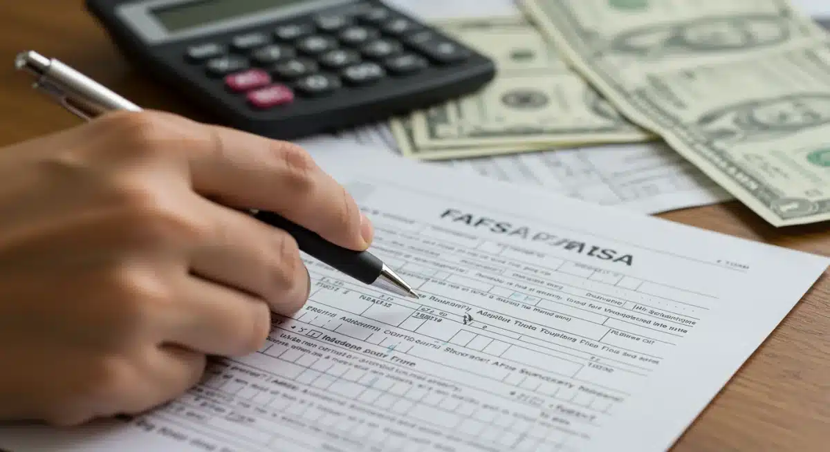 Hand filling out FAFSA form with a pen, surrounded by financial documents