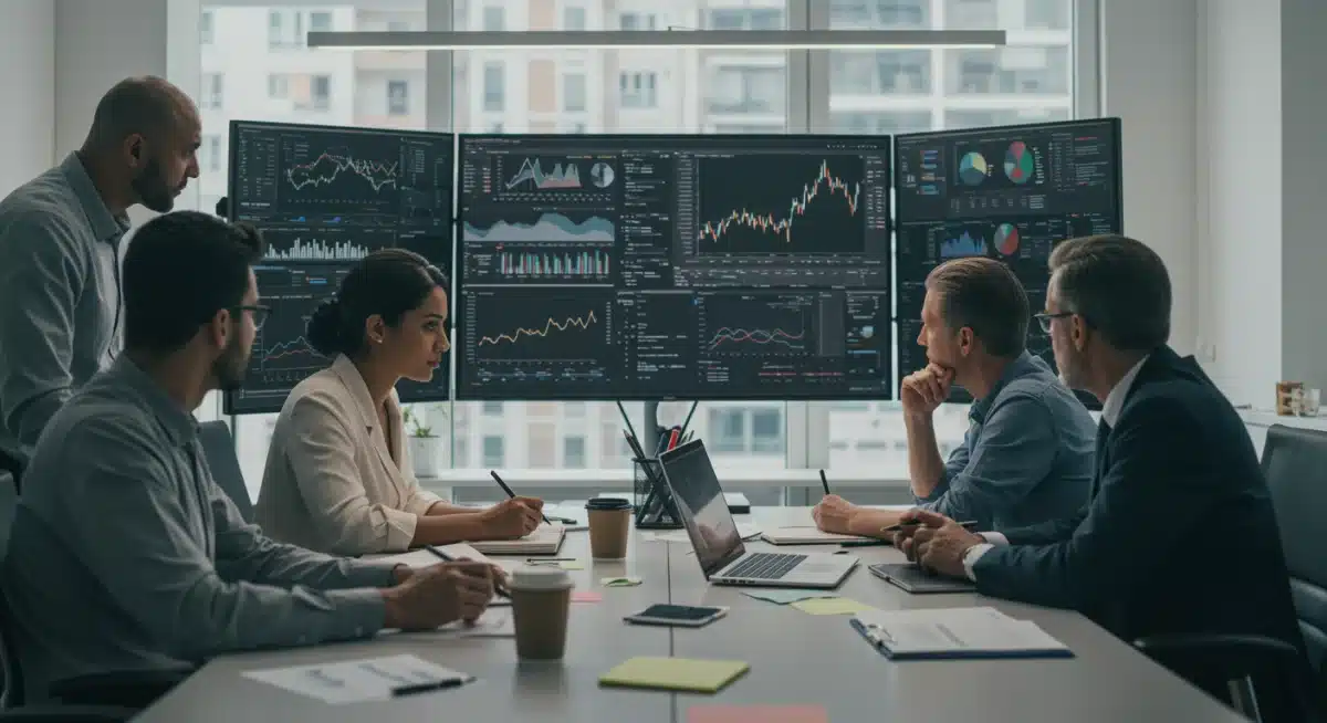 Financial analysts discussing market trends and economic data in an office.