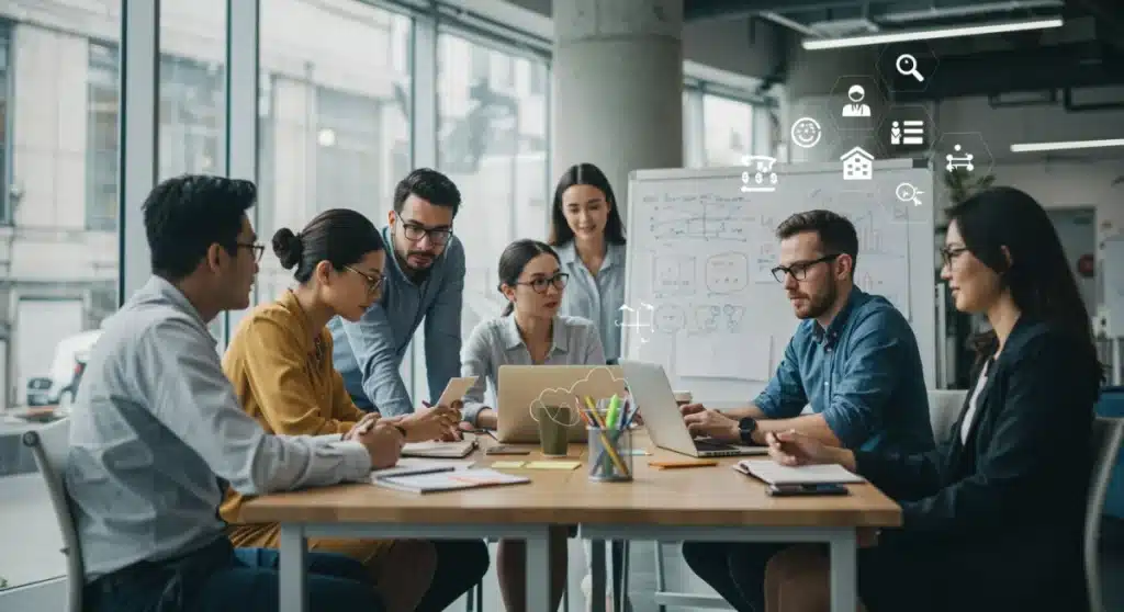 Diverse professionals collaborating, discussing high-demand career certifications for 2025