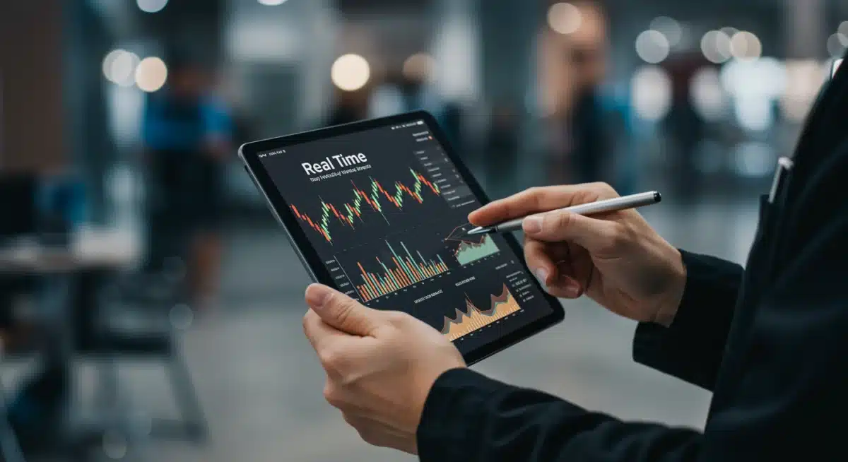 Investor analyzing real-time US Treasury bond market data on a tablet in a financial setting.