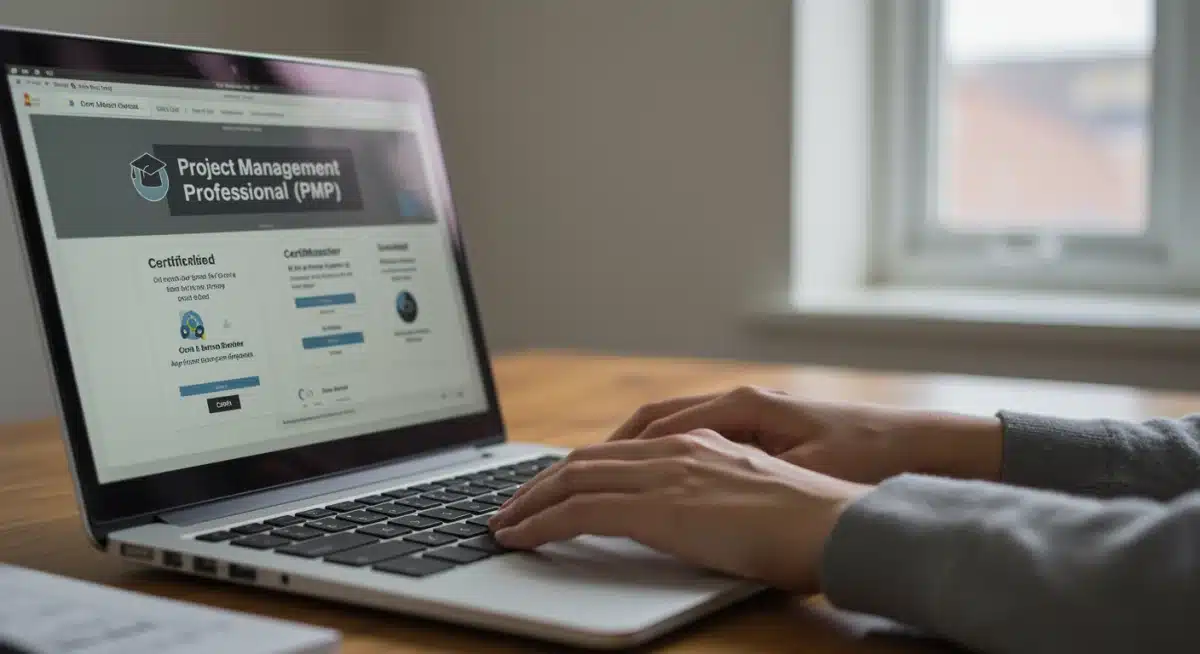 Hands typing on laptop, studying for a project management certification online