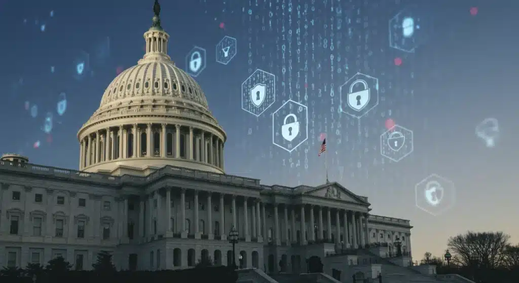 US Capitol with digital security overlay, representing the upcoming 2025 cybersecurity bill debate.