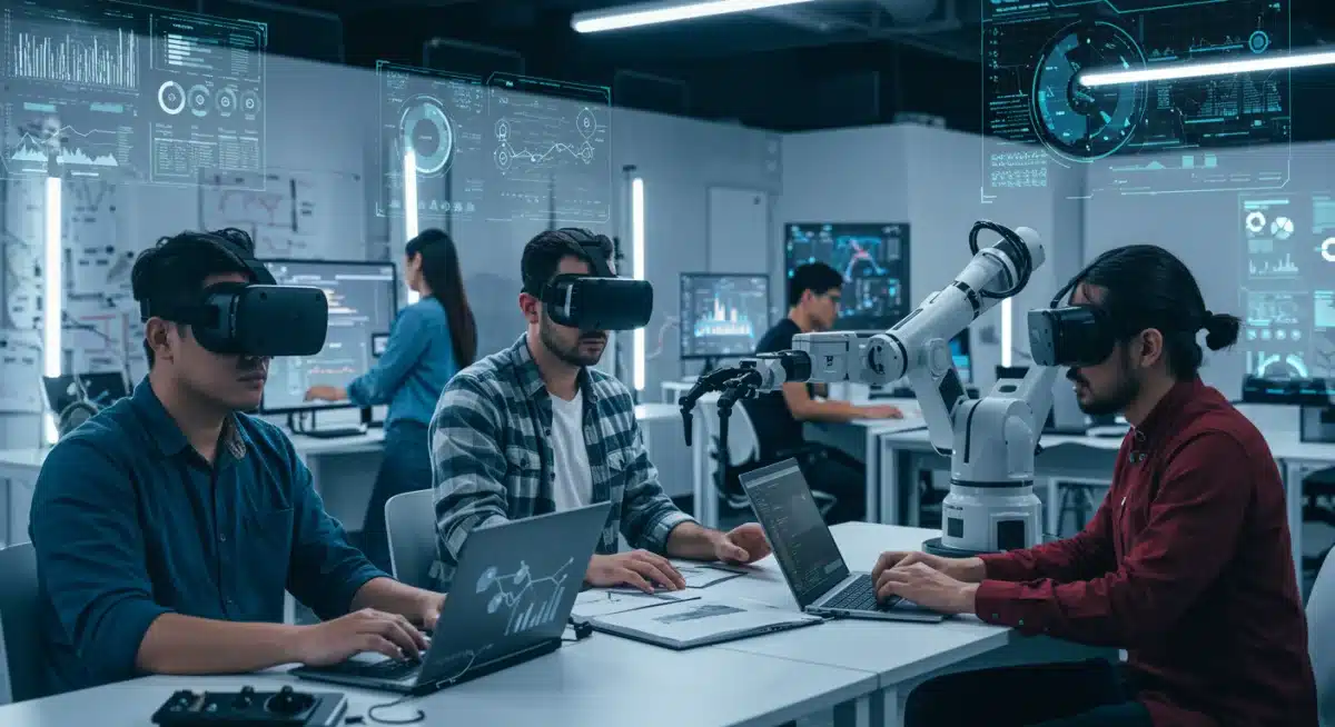 Adult learners acquiring emerging tech skills in a modern vocational training center.