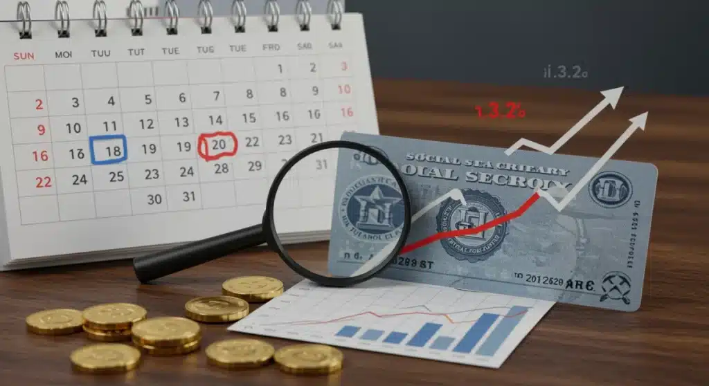 2025 Social Security COLA increase and its impact on benefits represented by a calendar, magnifying glass, and financial graph.
