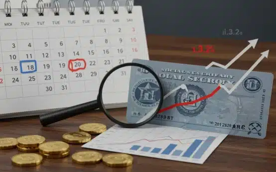 2025 Social Security COLA increase and its impact on benefits represented by a calendar, magnifying glass, and financial graph.