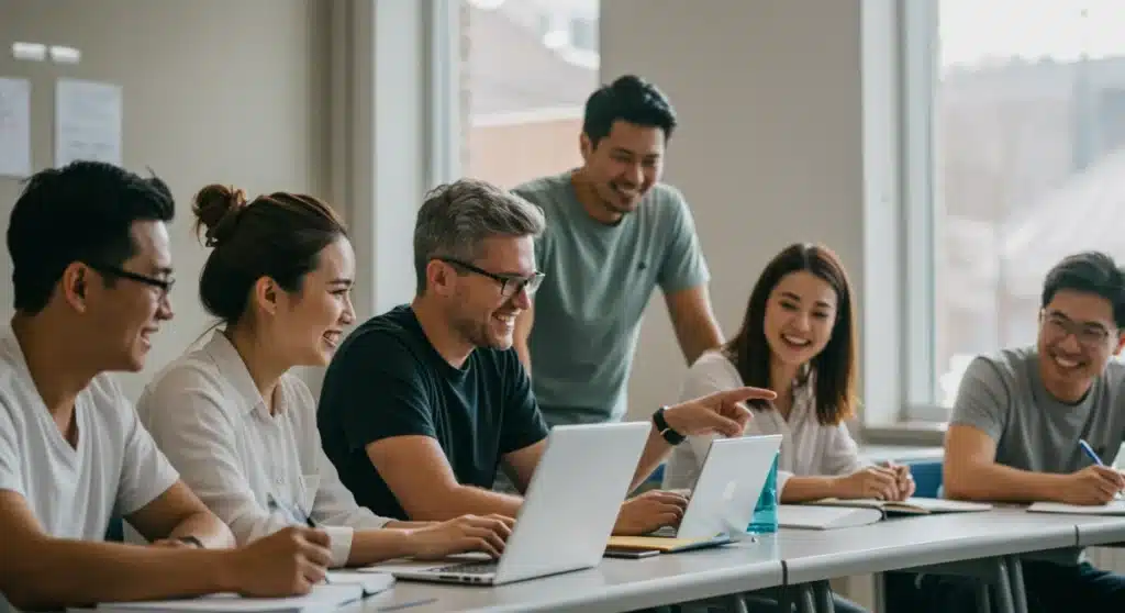 Adult learners actively participating in a college classroom, discussing and working together.
