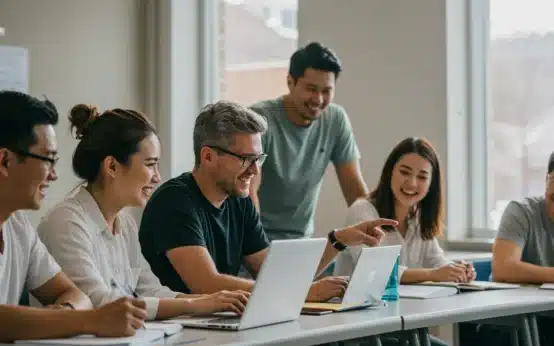 Adult learners actively participating in a college classroom, discussing and working together.