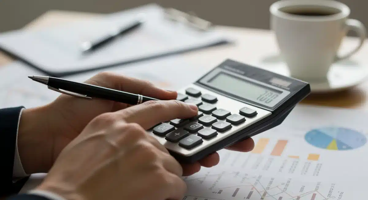 Hands calculating COLA increase on a calculator amidst financial paperwork.