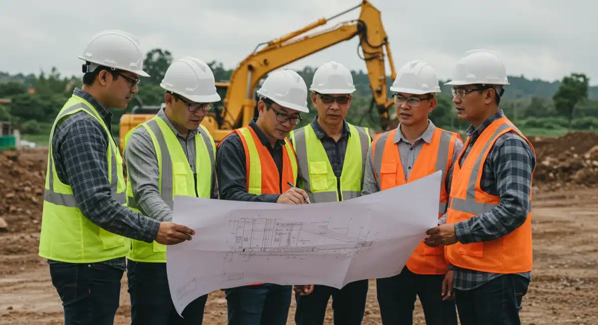 Construction workers reviewing blueprints for new bridge project