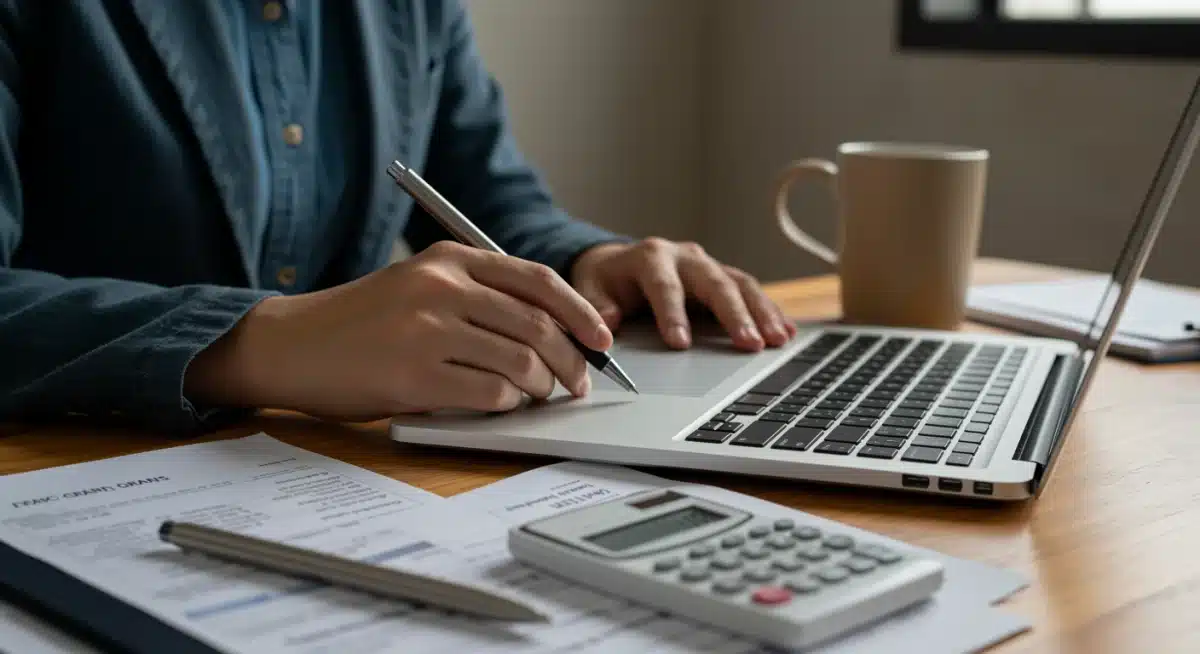 Person completing FAFSA form on a laptop, surrounded by financial aid documents.