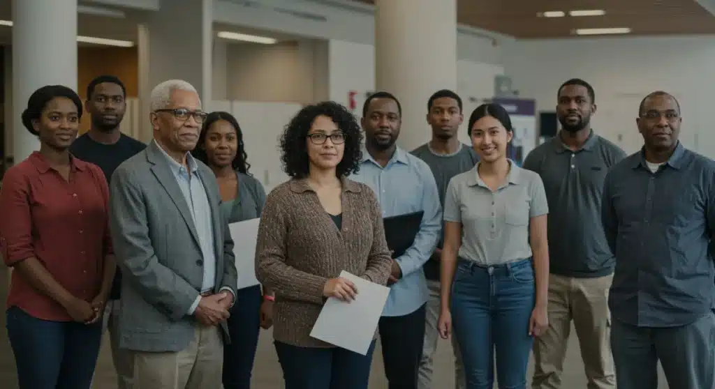 Diverse group discussing Medicaid expansion benefits in a community center