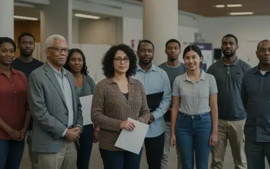 Diverse group discussing Medicaid expansion benefits in a community center