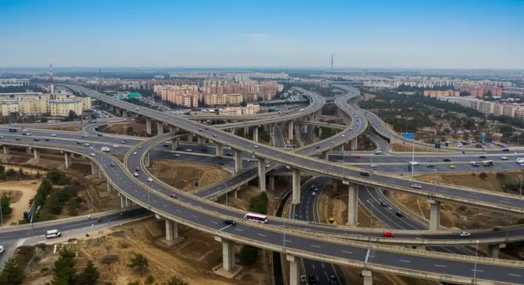 Modern highway interchange with multiple bridges symbolizing infrastructure investment
