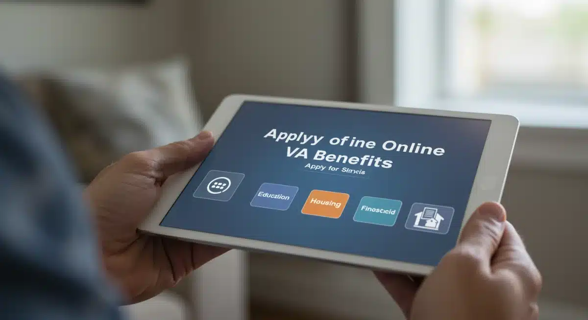 Veteran using a tablet to navigate an online VA benefits application portal.
