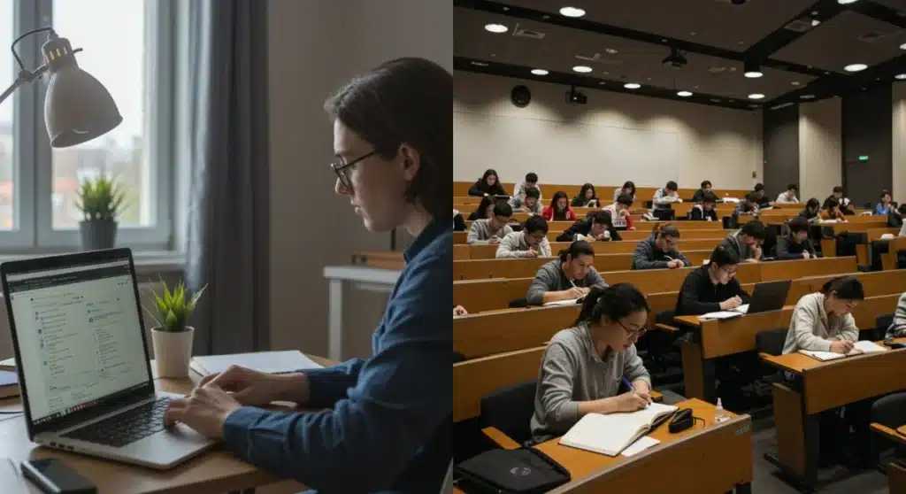 Student comparing online and in-person degree programs for career advancement