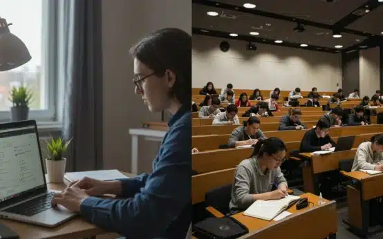 Student comparing online and in-person degree programs for career advancement