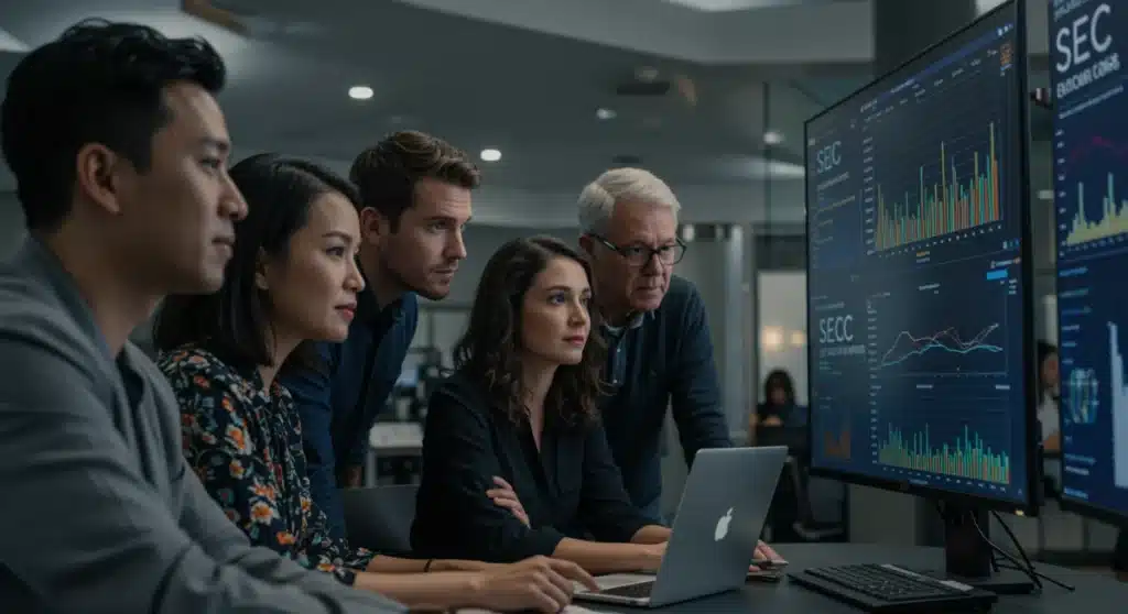 Retail investors analyzing financial data and SEC regulations on a screen