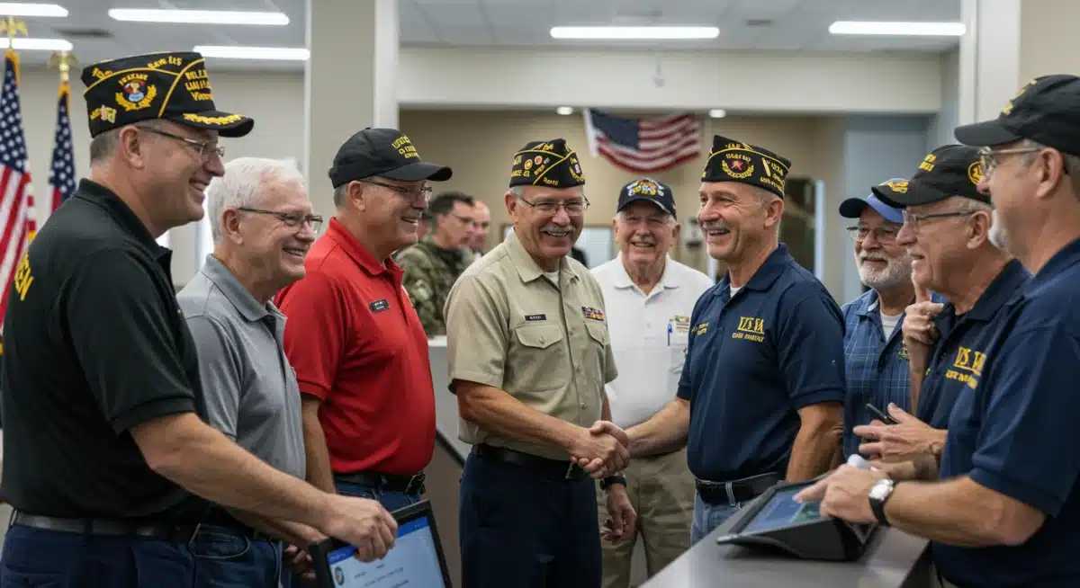 Diverse U.S. veterans engaging happily in a community center, discussing new benefit programs.