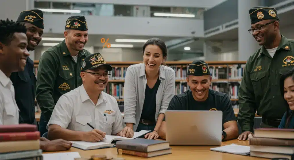 Veterans studying in a modern university library, utilizing GI Bill benefits for higher education