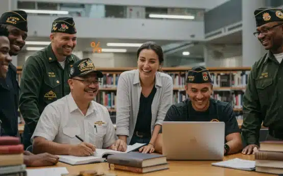 Veterans studying in a modern university library, utilizing GI Bill benefits for higher education