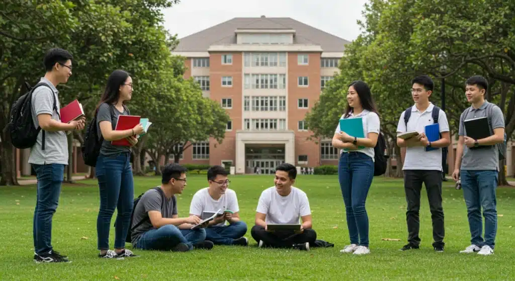Diverse college students discussing financial aid on campus