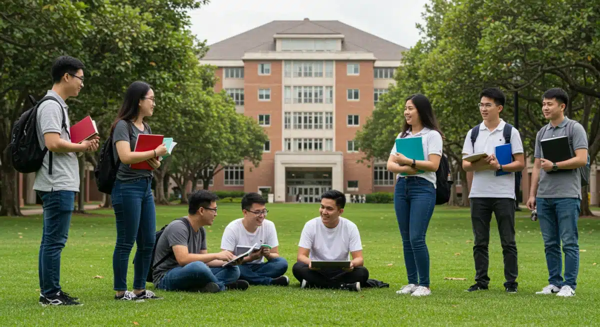 Diverse college students discussing financial aid on campus