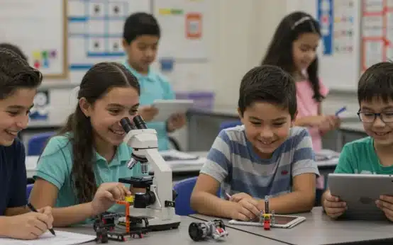 Diverse K-12 students actively participating in a STEM classroom project, showcasing engagement with robotics, microscopy, and coding.