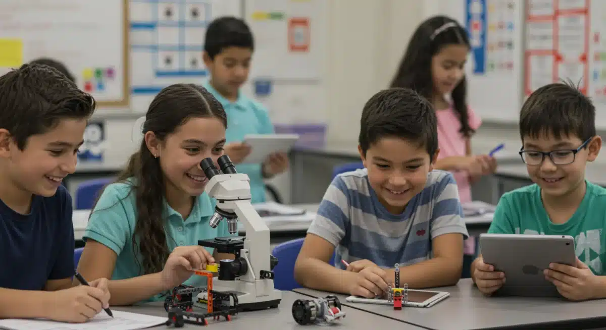 Diverse K-12 students actively participating in a STEM classroom project, showcasing engagement with robotics, microscopy, and coding.
