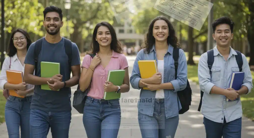 Diverse students on campus with FAFSA forms, symbolizing new financial aid access