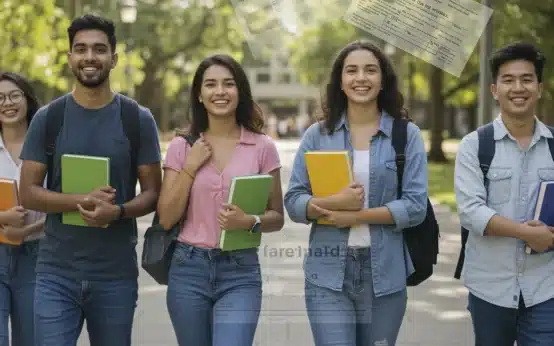 Diverse students on campus with FAFSA forms, symbolizing new financial aid access