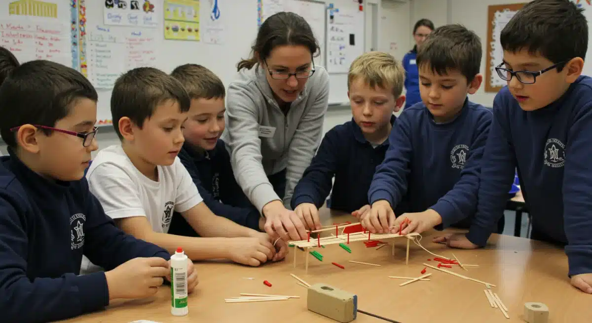 Elementary students collaborating on a bridge-building project during an interactive STEM workshop, fostering teamwork and practical skills.