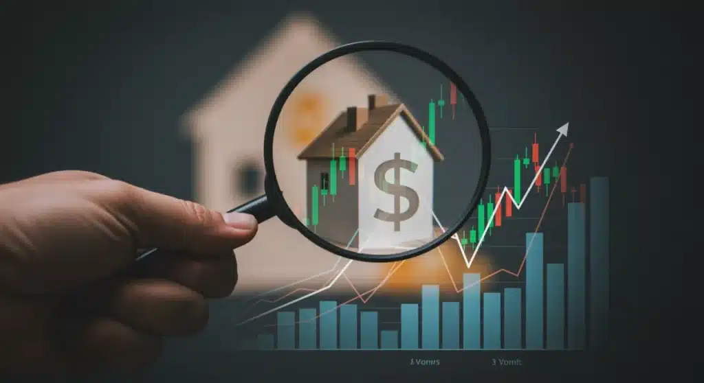 Magnifying glass over financial chart showing rising interest rates affecting mortgages and loans.