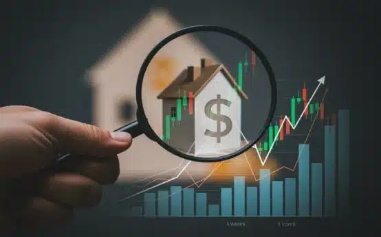 Magnifying glass over financial chart showing rising interest rates affecting mortgages and loans.