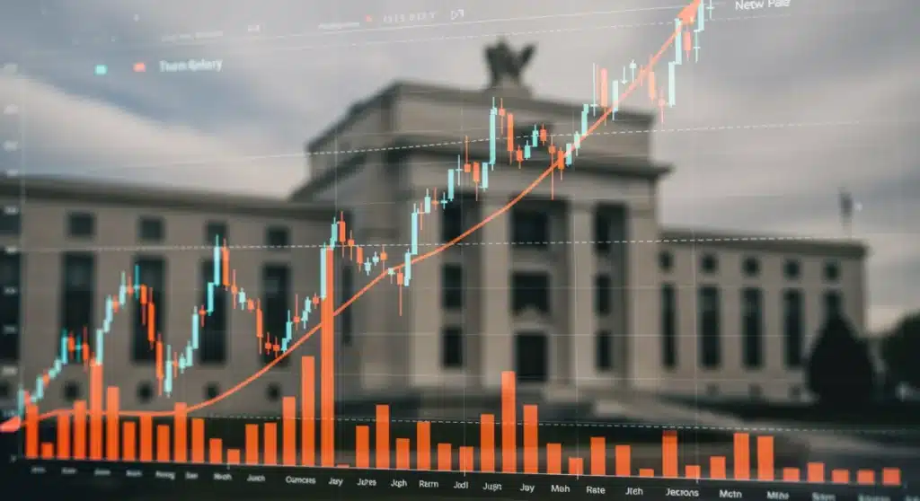 Federal Reserve building with financial charts showing rising interest rates