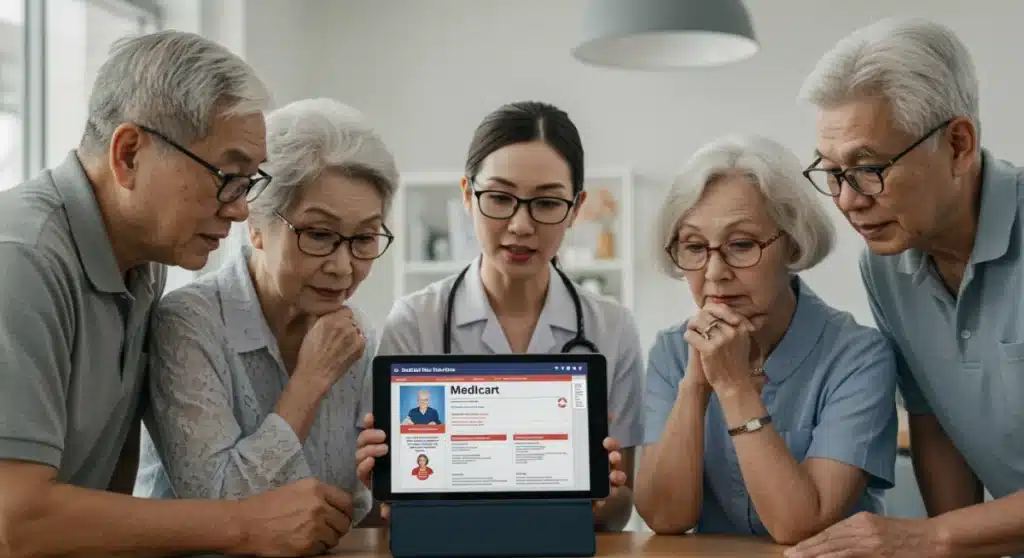 Seniors discussing Medicare Part B changes with a healthcare advisor.