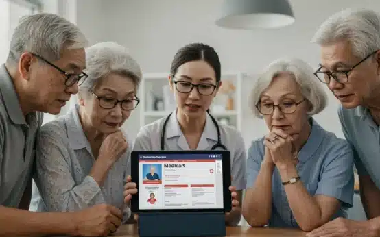 Seniors discussing Medicare Part B changes with a healthcare advisor.