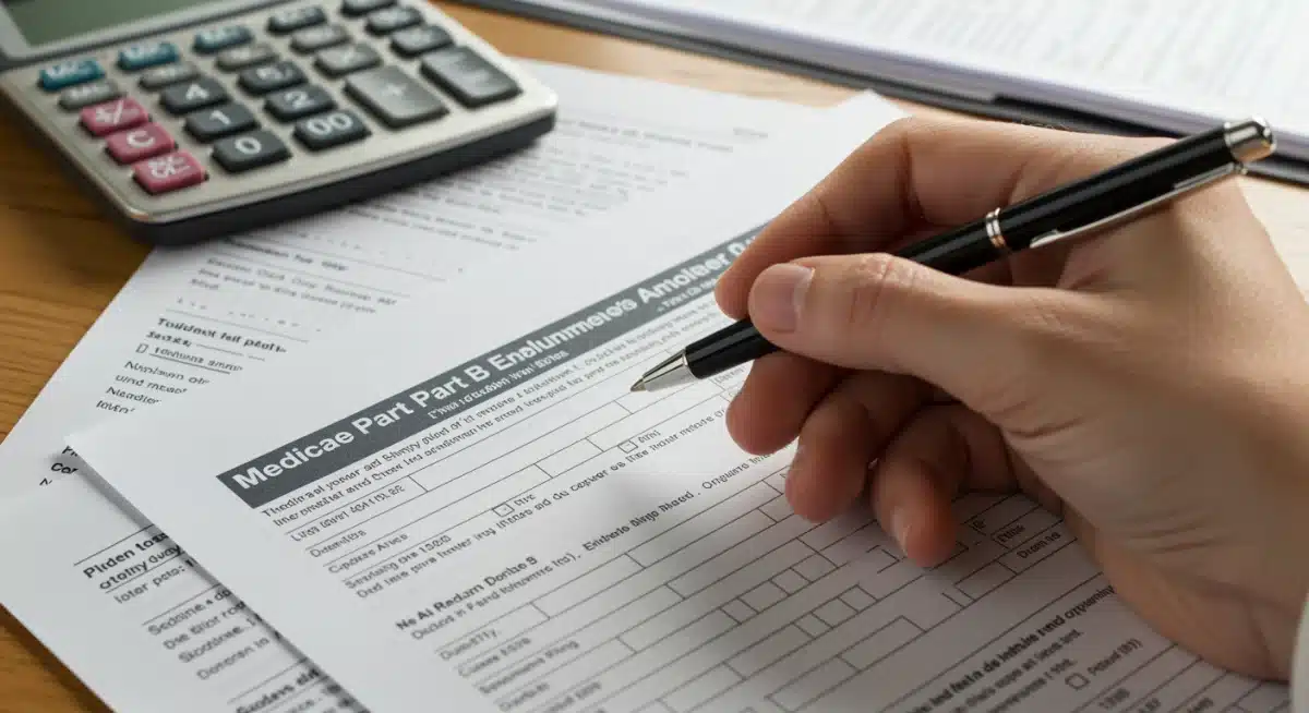 Hand reviewing Medicare Part B enrollment form and financial documents.