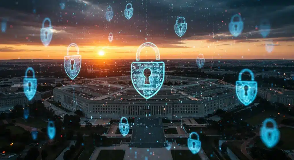 Futuristic digital shield protecting the Pentagon from cyber attacks, symbolizing new defense strategies.