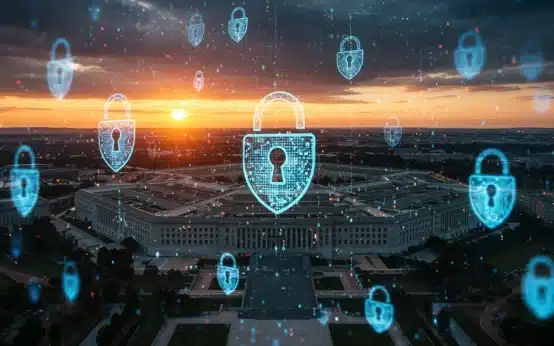 Futuristic digital shield protecting the Pentagon from cyber attacks, symbolizing new defense strategies.