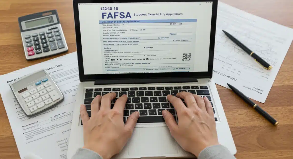 Hands typing on laptop, FAFSA application on screen, financial documents nearby