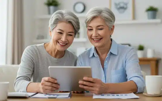 Couple reviewing finances with tablet, symbolizing secure retirement
