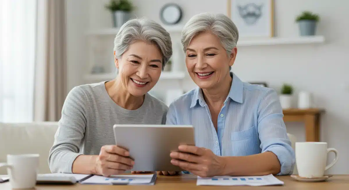 Couple reviewing finances with tablet, symbolizing secure retirement