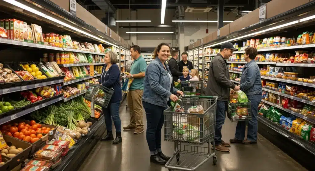 Families and individuals shopping for groceries, symbolizing food security and access to healthy meals through SNAP benefits.