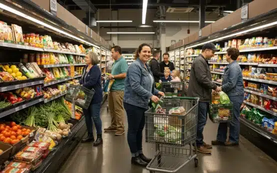 Families and individuals shopping for groceries, symbolizing food security and access to healthy meals through SNAP benefits.