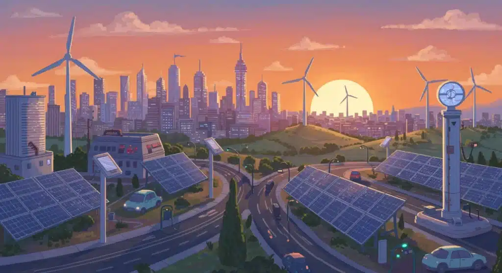 Futuristic city powered by renewable energy, symbolizing sustainable investments.
