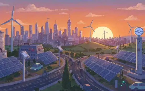 Futuristic city powered by renewable energy, symbolizing sustainable investments.