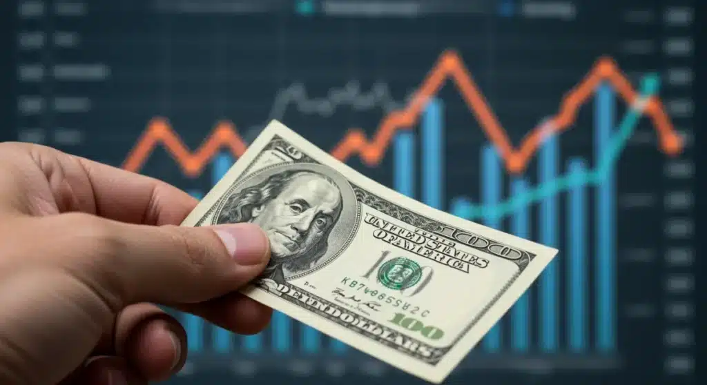 U.S. dollar bill with financial trend graph in background