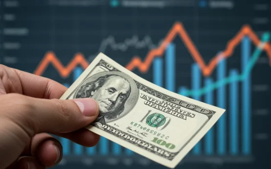 U.S. dollar bill with financial trend graph in background